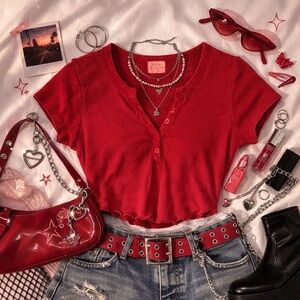 Urban Nation Red Ribbed Cropped Henley Top Y2K Baby Tee Size L 100% Cotton